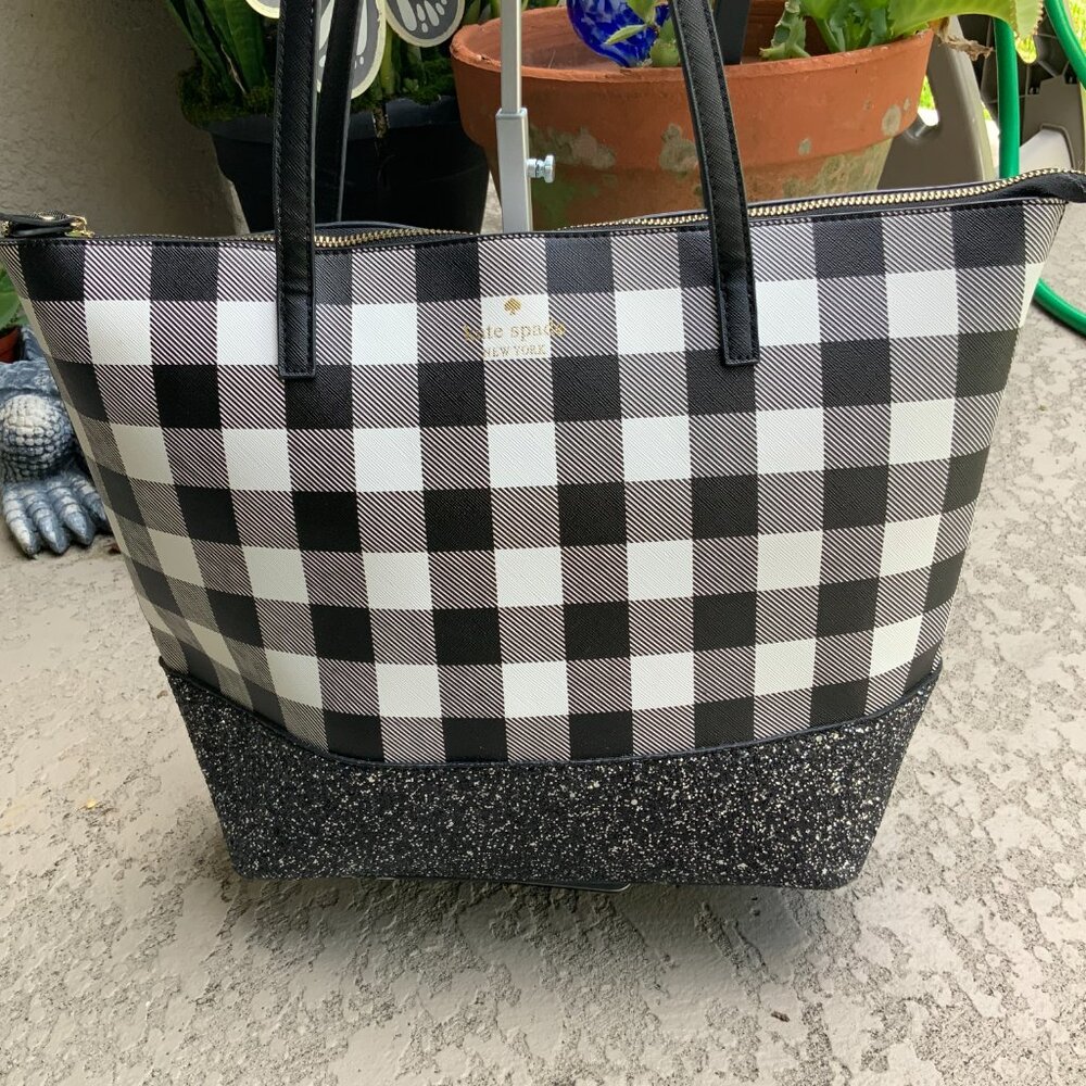 kate spade Black & White Check Tote with Glitter Base